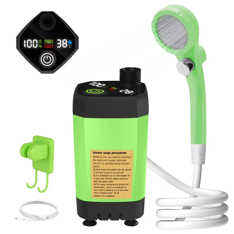 Bomba de ducha para acampar, Kit de ducha para exteriores RV, ducha de campamento con pantalla completa, pantalla Digital inteligente, Kit de ducha ajustable de 6000mAh