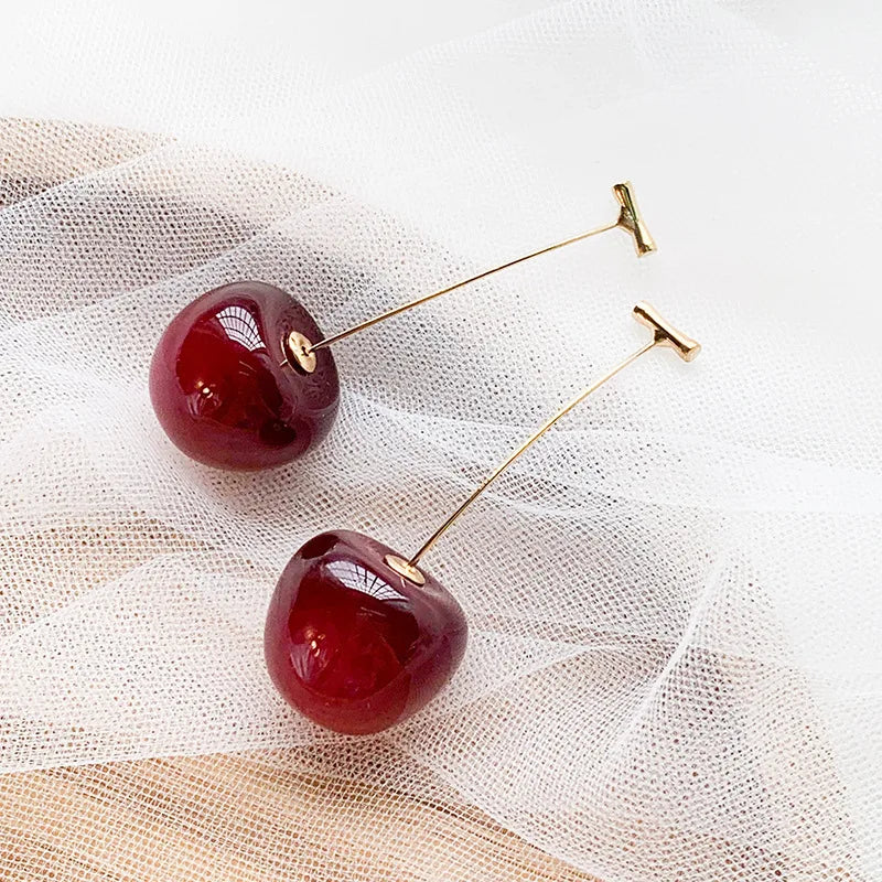Pendientes de cereza roja dulce para mujer, pendientes colgantes con diseño de fruta delicada a la moda, joyerÃa coreana para fiesta de boda, regalo