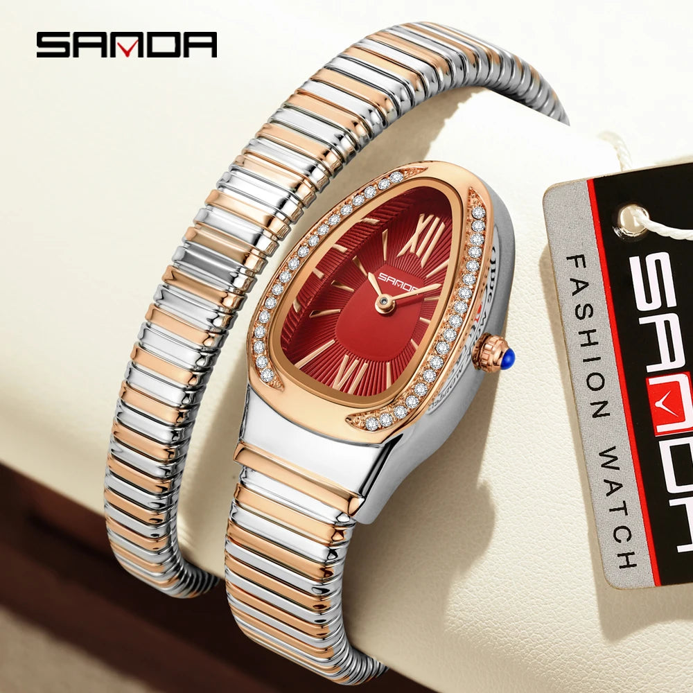 SANDA, superventas, 1151 reloj de mujer de gama alta con incrustaciones de diamantes en forma de serpiente, reloj de cuarzo de lujo ligero con temperamento Retro para mujer