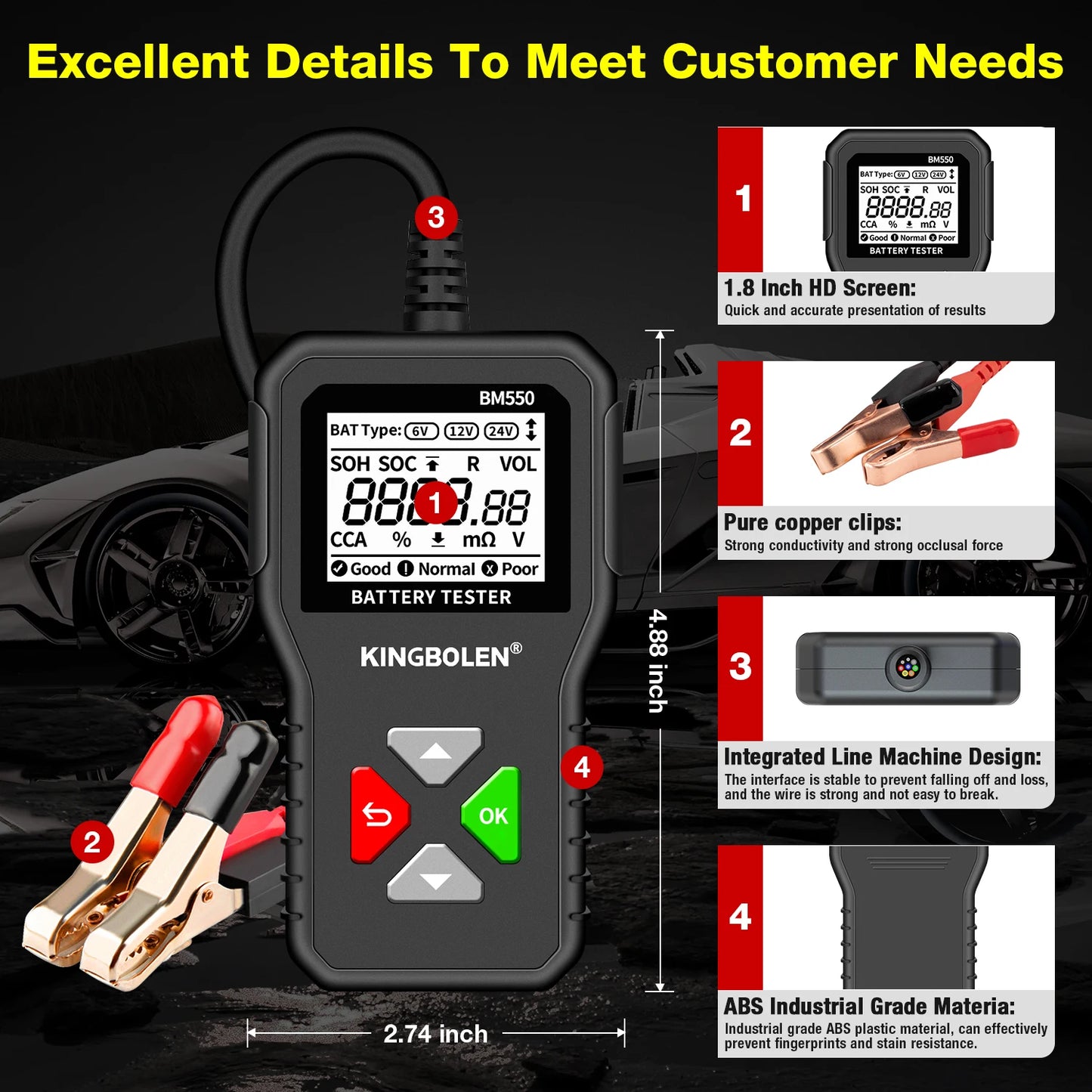 KINGBOLEN BM550, BM550 PLUS probador de baterÃa de coche 6V 12V 24V sistema de baterÃa detectar analizador de baterÃa automático herramienta de baterÃa de coche SOC SOH