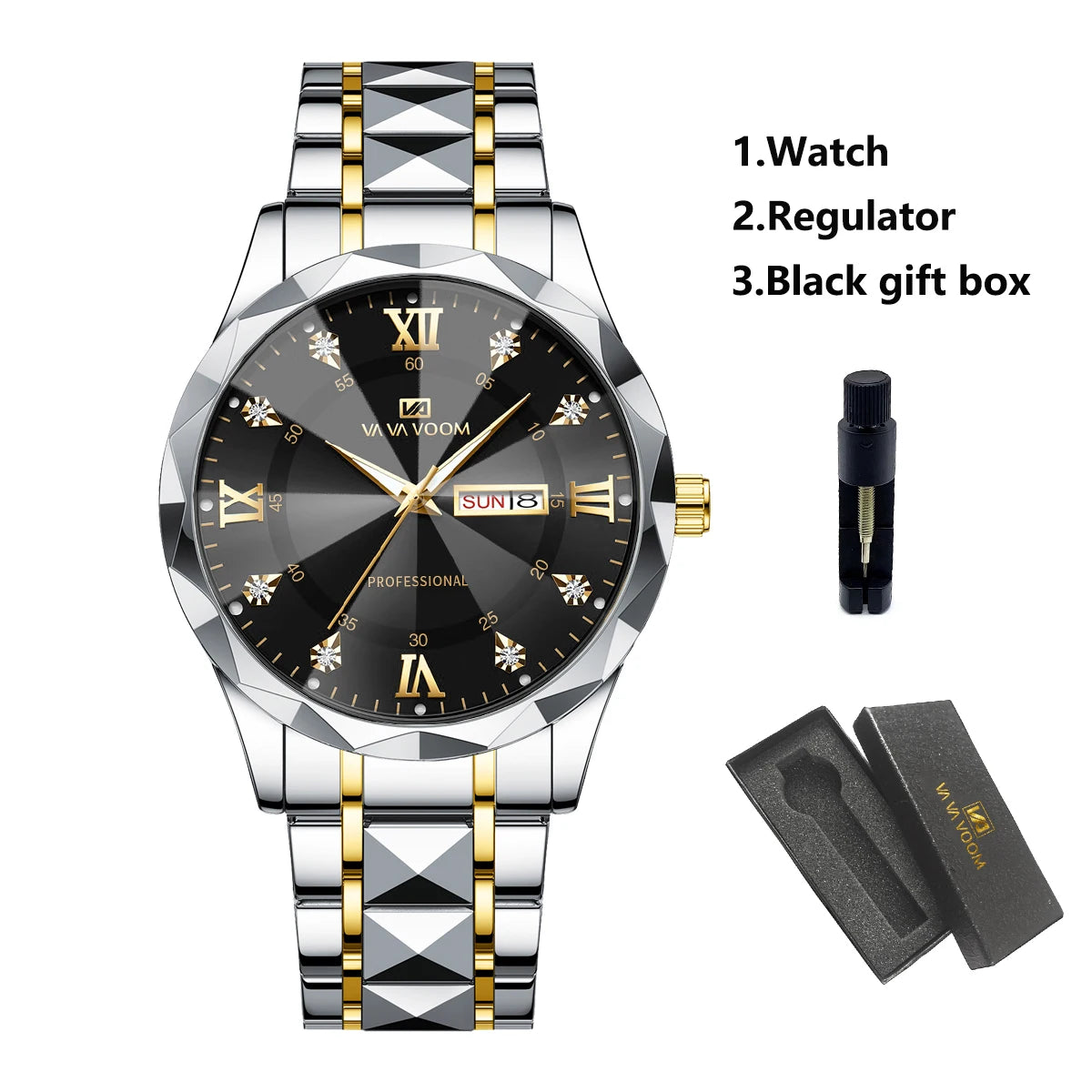 Reloj para hombre con diamantes de agua, lujo, brillo nocturno, doble calendario, movimiento de cuarzo, 41mm, oro azul, acero inoxidable, reloj de negocios de moda