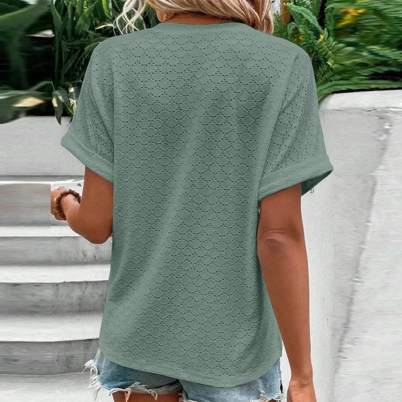 Blusas informales de Jacquard con botones y cuello en V para mujer, camisas holgadas lisas, Tops de manga corta de gran tamaño para mujer 2023