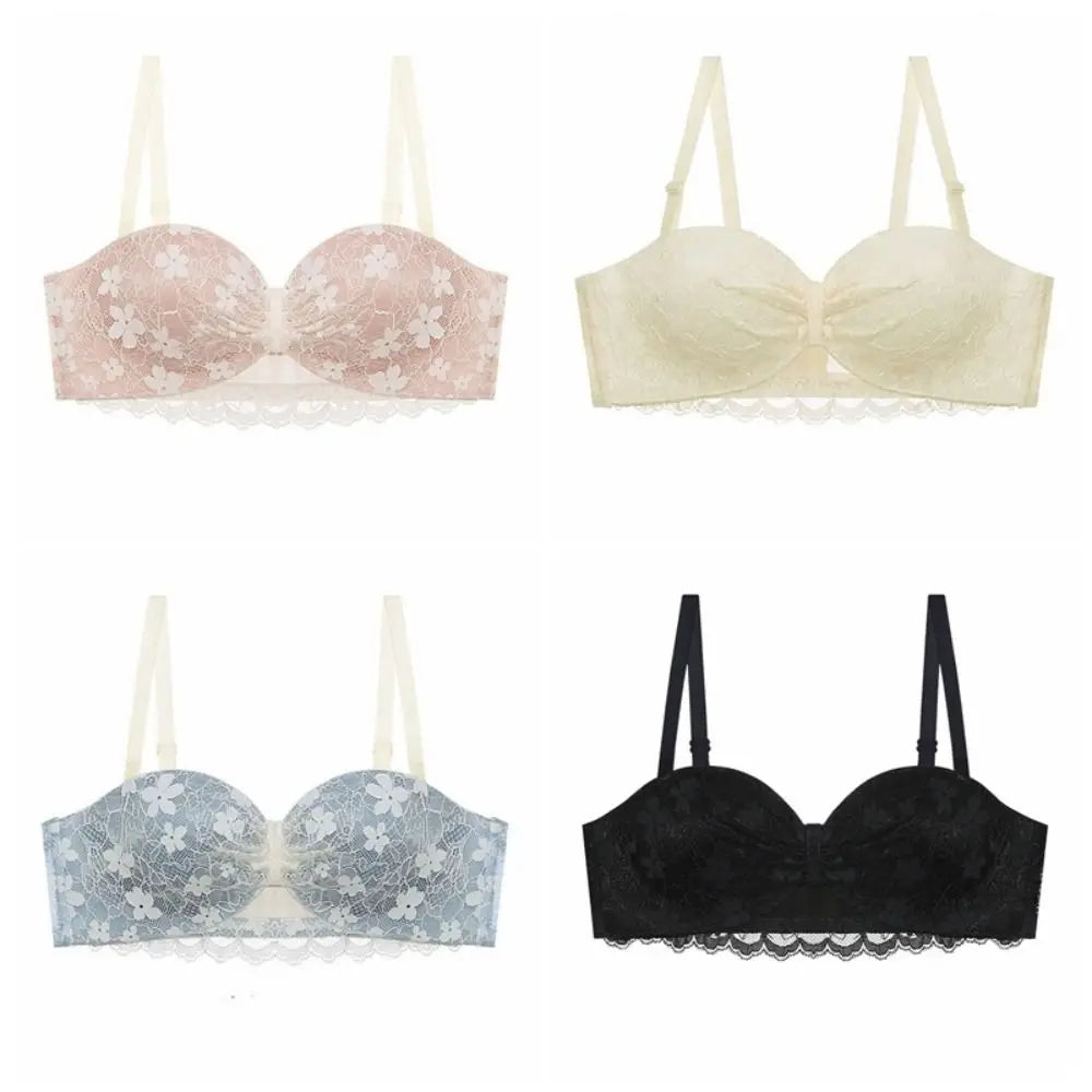 Sujetador inalámbrico de malla ajustado para mujer, sujetador antiflacidez de encaje Floral dulce con escote en V profundo, lencería con pechos recogidos, regalos