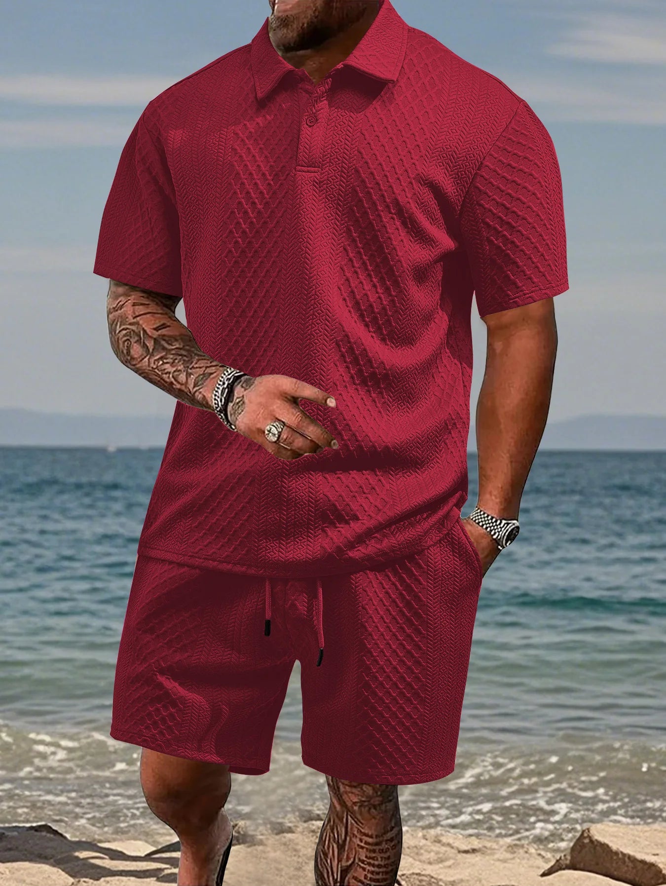 NOVEDAD DE VERANO 20225, Polo deportivo informal para hombre con solapa, camisa y pantalones cortos de manga corta para hombre, traje con textura Jacquard