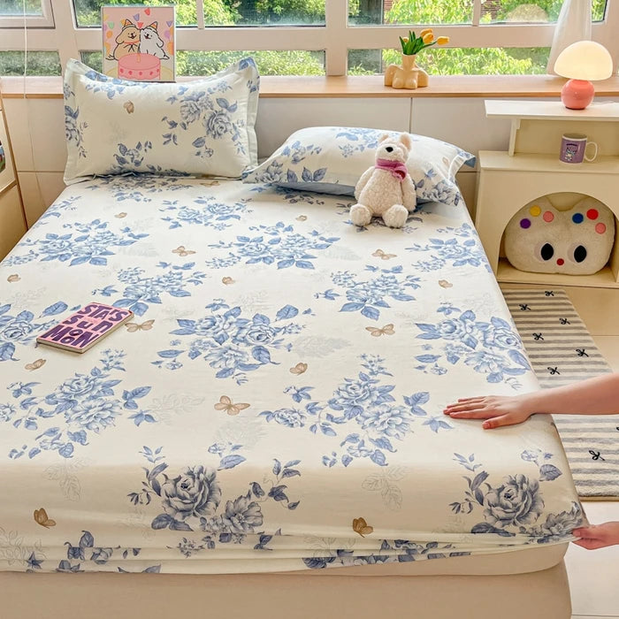 Juego de sábanas ajustadas de algodón 100% puro con funda de almohada, funda de cama con estampado de flores, sábanas individuales/Queen/King Size