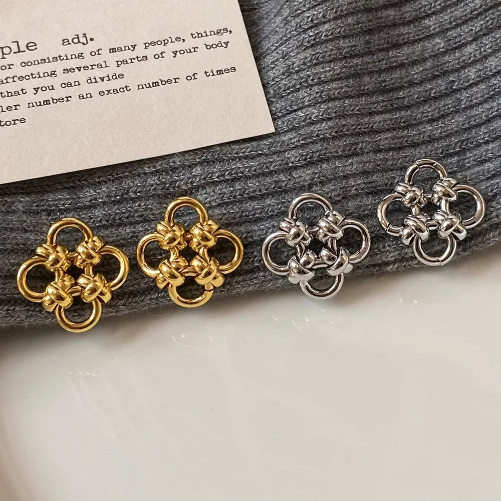 Plata de Ley 925 auténtica pendiente de trébol con nudo hueco de oro de 18K para mujer, joyería fina minimalista, accesorio de planta de moda
