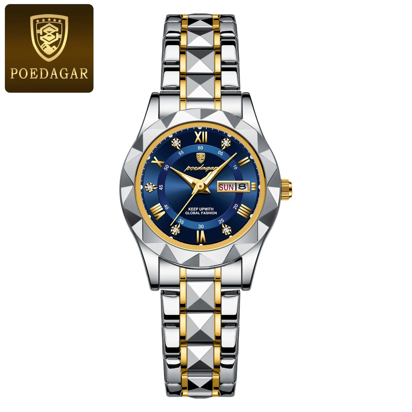 POEDAGAR, reloj de lujo para mujer, luminoso, resistente al agua, con fecha semanal, reloj de pulsera para mujer, relojes de cuarzo de acero inoxidable para mujer, reloj + caja