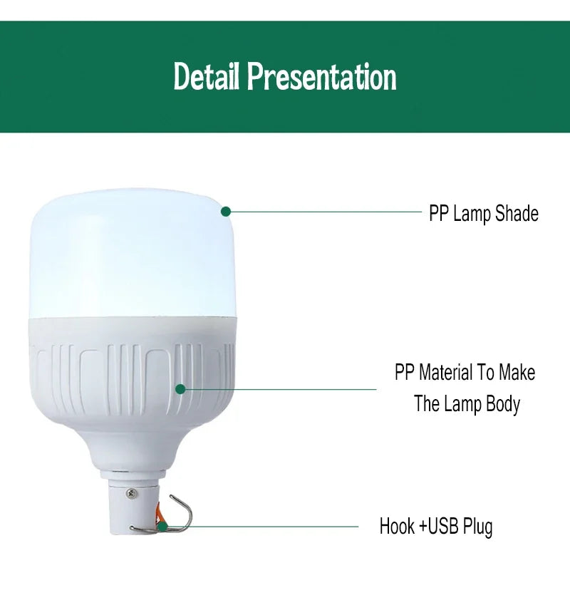 Luz de Camping de 60W y 80W, lámpara LED de emergencia recargable por USB, linternas portátiles para exteriores con gancho para tiendas de barbacoa, bombilla de batería