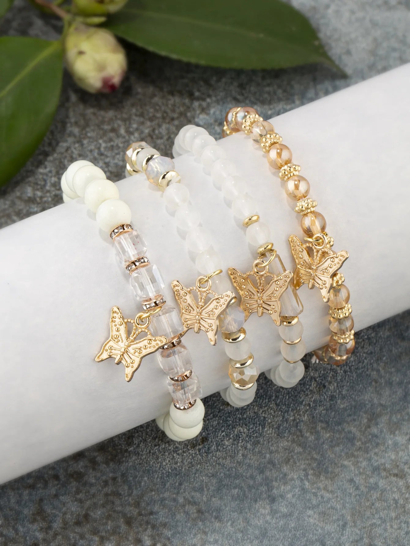 Conjunto de pulsera con cuentas de mariposa para mujer, brazalete de cadena elástica con cuentas acrÃlicas rosas, regalo de joyas de fiesta bohemia, 4 Uds.