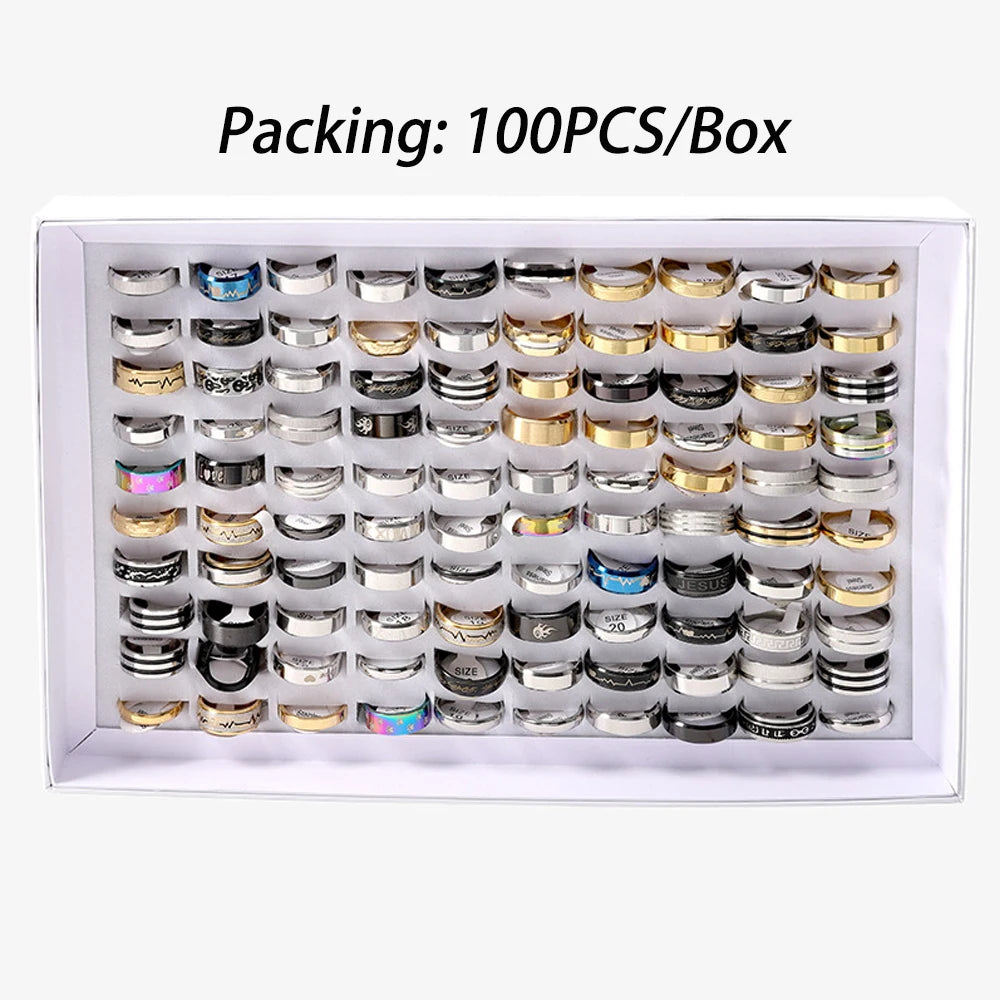 JoyerÃÂa de moda, venta al por mayor, 100 unids/lote, anillos de acero inoxidable, regalo de fiesta, anillos de boda, estilo mixto, anillos para hombre y mujer