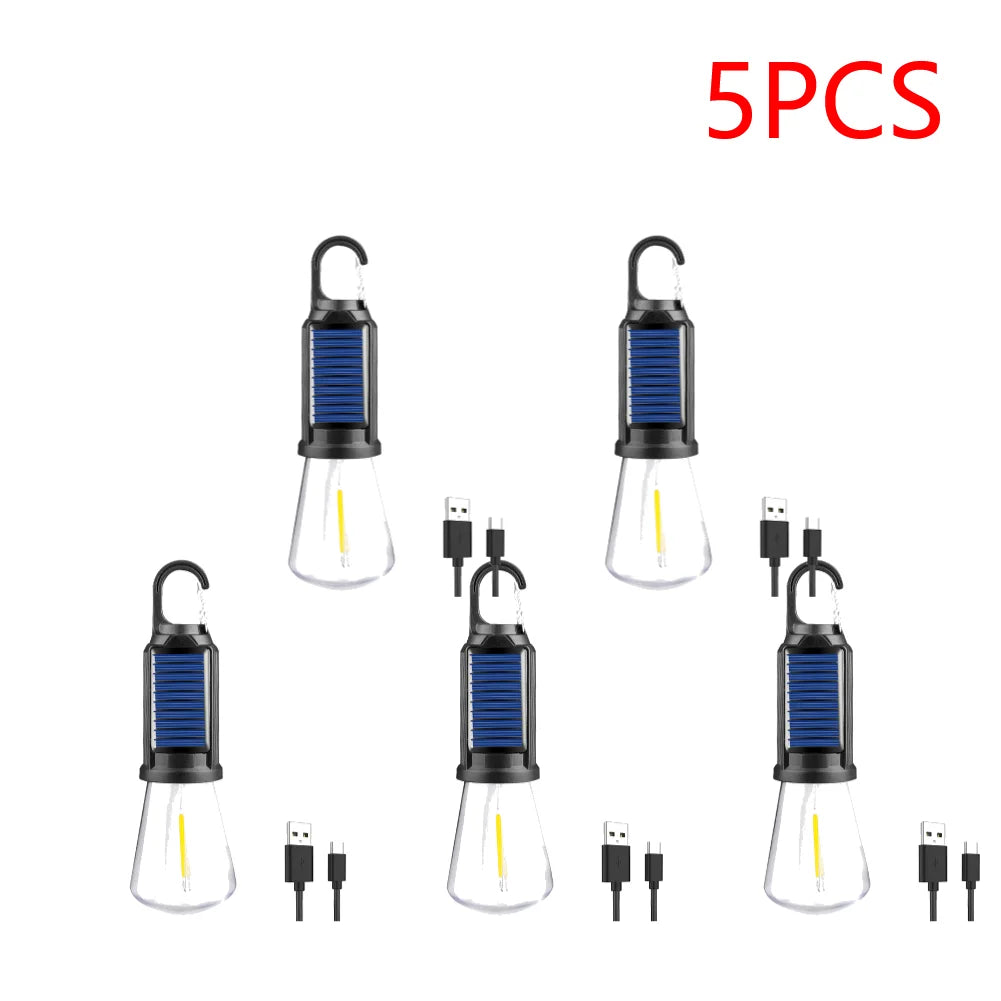 Linterna de iluminación LED con energía Solar, luz de tienda para exteriores con carga USB, impermeable, luz de ambiente para barbacoa, para acampar al aire libre, 2-5 uds.