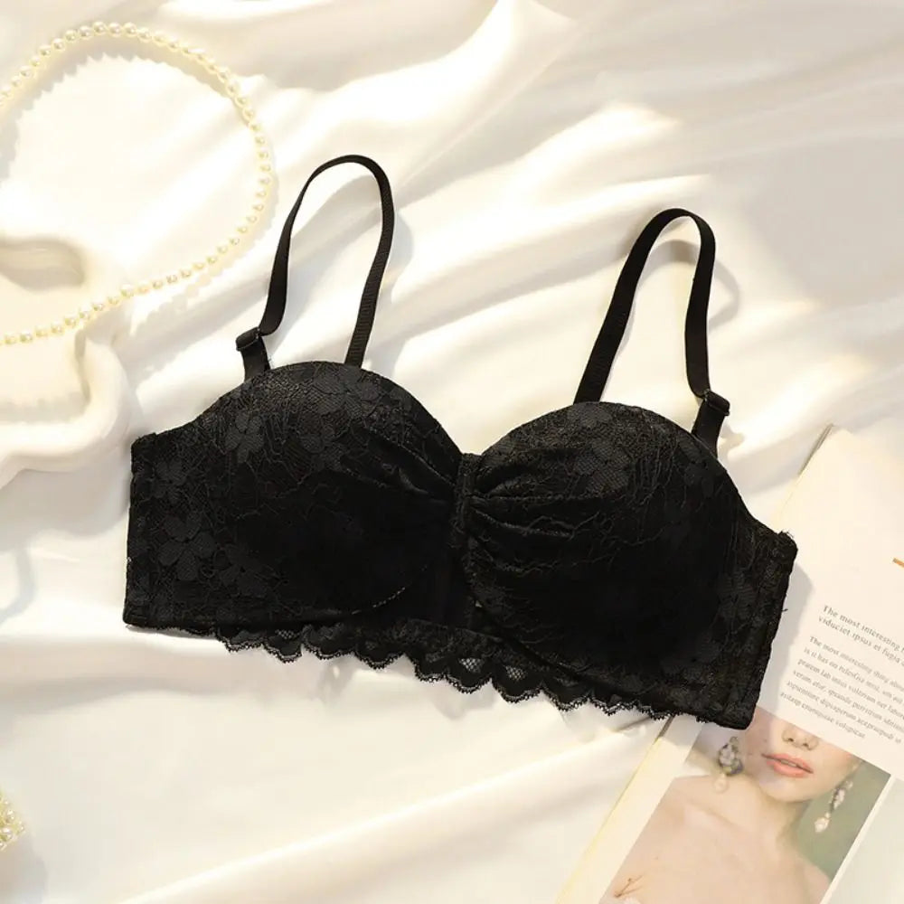 Sujetador inalámbrico de malla ajustado para mujer, sujetador antiflacidez de encaje Floral dulce con escote en V profundo, lencería con pechos recogidos, regalos
