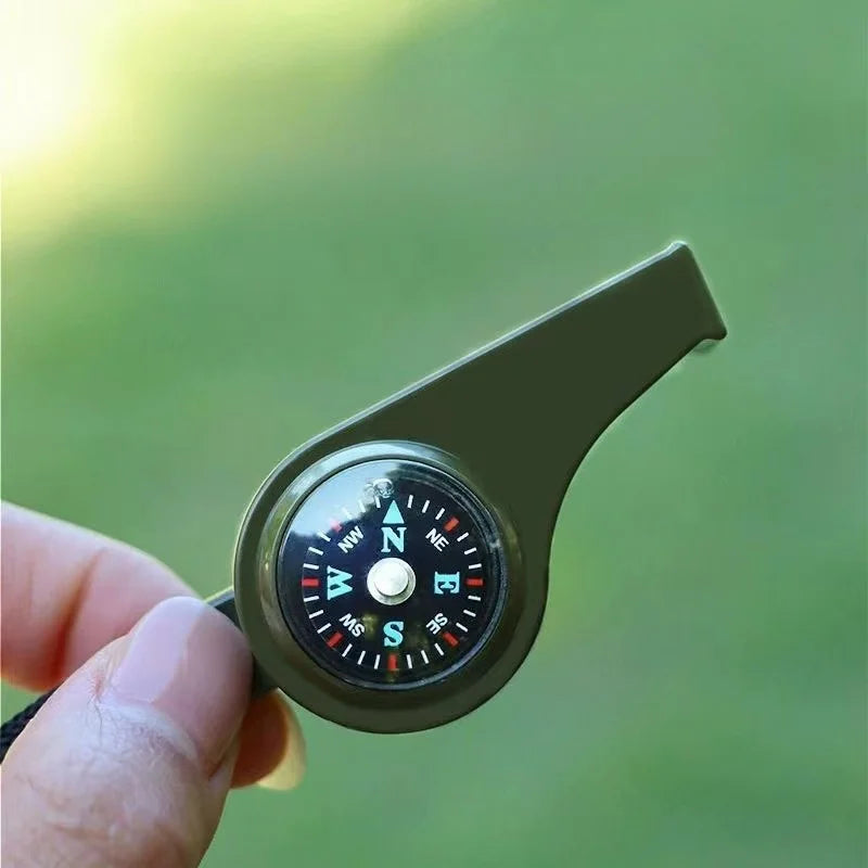 Silbato 3 en 1 para acampar, equipo de supervivencia de emergencia, brújula, termómetro para exteriores, necesita Color verde militar con cuerda