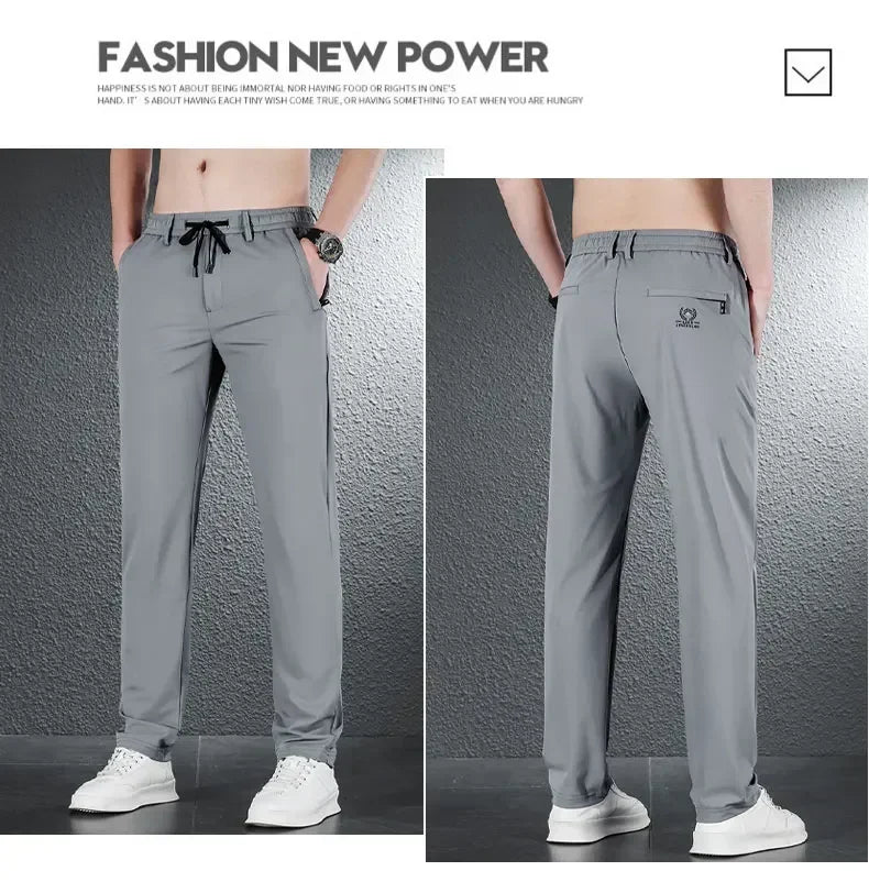 Pantalones informales finos de tela de seda de hielo suave para hombre, pantalón recto de estilo coreano, de alta elasticidad, marca de lujo, verano 2024