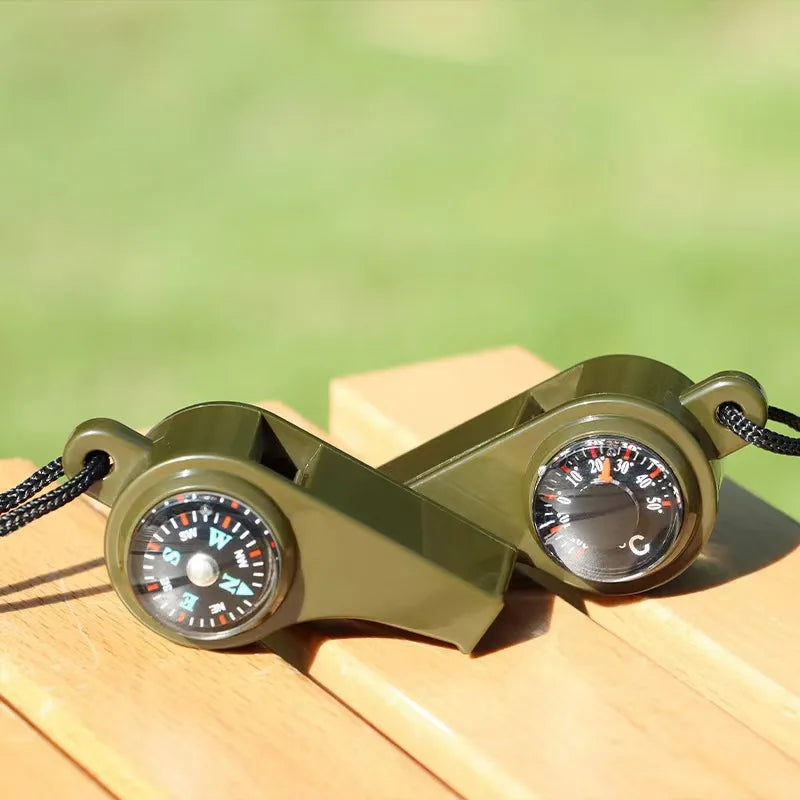 Silbato 3 en 1 para acampar, equipo de supervivencia de emergencia, brújula, termómetro para exteriores, necesita Color verde militar con cuerda