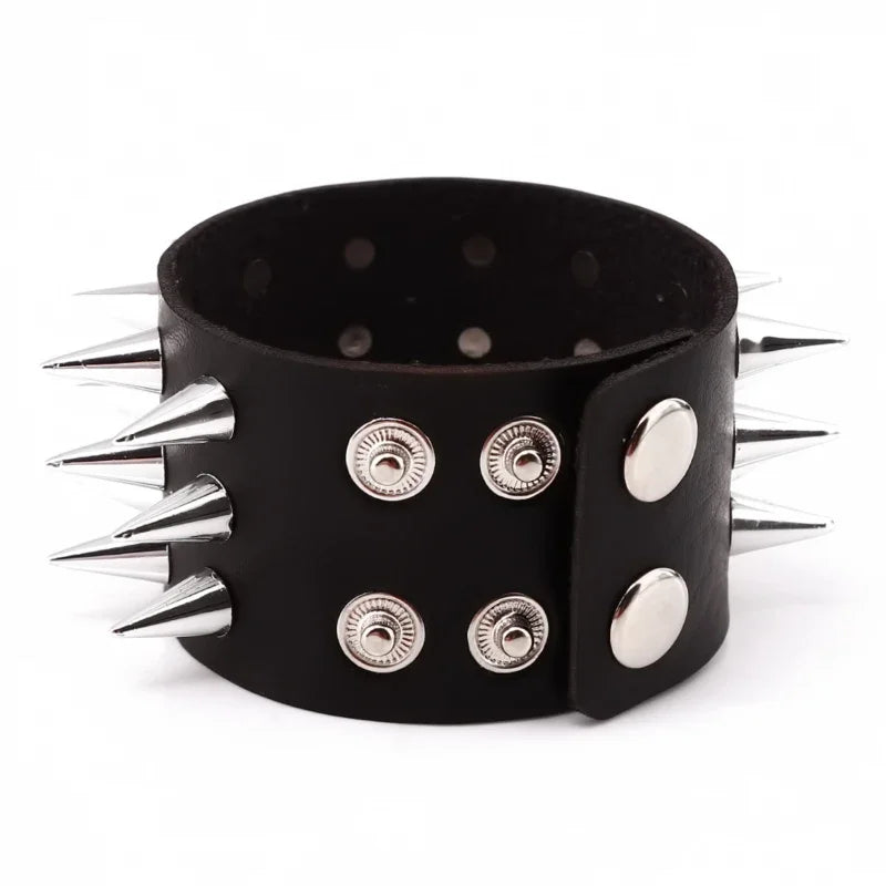 Tres filas Cuspidal Spikes remache Stud puño ancho cuero Punk gótico Rock Unisex brazalete pulsera hombres joyerÃÂa