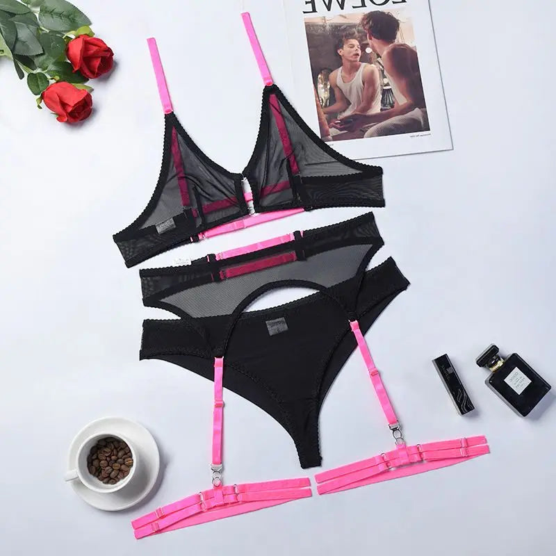 Babydoll de encaje, conjunto de sujetador abierto, ropa Ãntima para mujer, sujetador Sexy, conjuntos de Tanga y lencerÃa, conjunto de Bralette transparente, ropa interior erótica Sexy