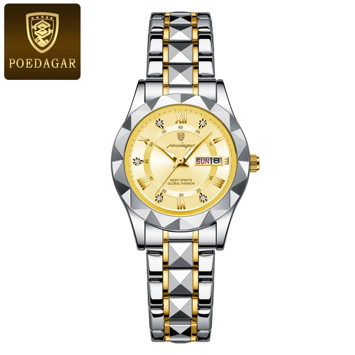 POEDAGAR, reloj de lujo para mujer, luminoso, resistente al agua, con fecha semanal, reloj de pulsera para mujer, relojes de cuarzo de acero inoxidable para mujer, reloj + caja