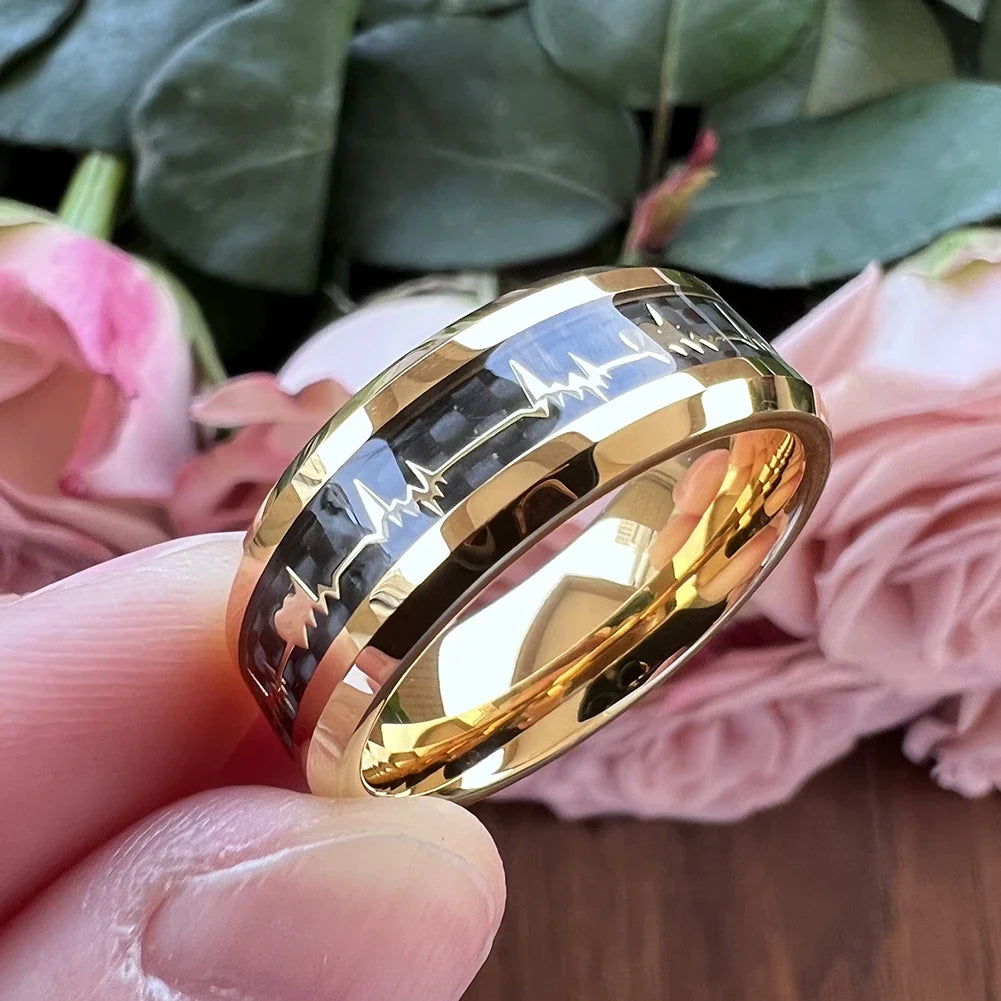 Anillos de compromiso de carburo de tungsteno con incrustaciones de corazón de fibra de carbono negra de 8mm a la moda, alianzas de boda con cúpula, pulido, brillante, ajuste cómodo