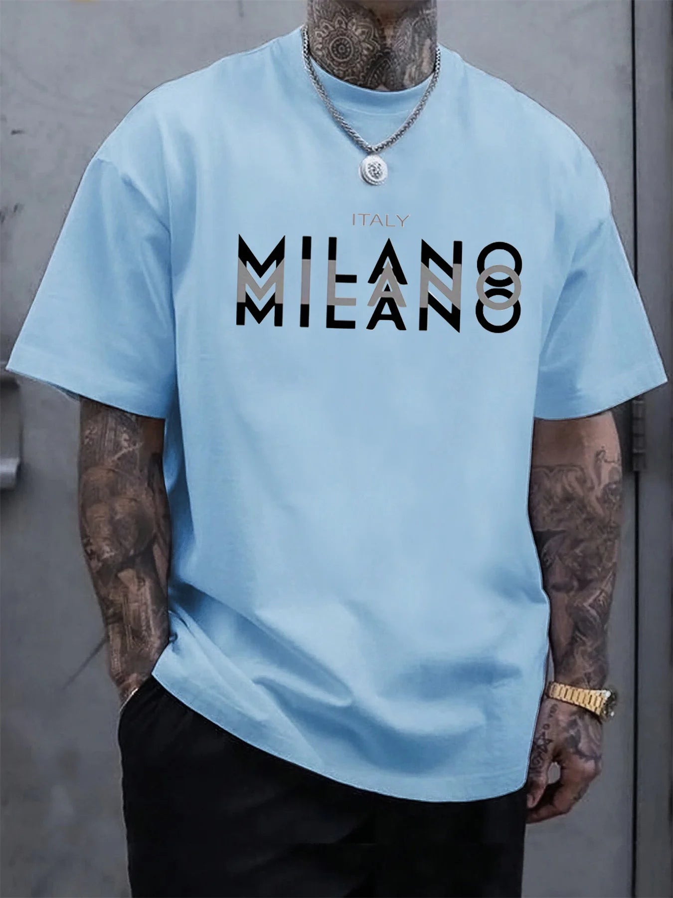 Camiseta holgada informal de algodón puro 100% de verano para hombre de talla grande con estampado de MILANO italiano, cómoda camiseta de manga corta con cuello redondo