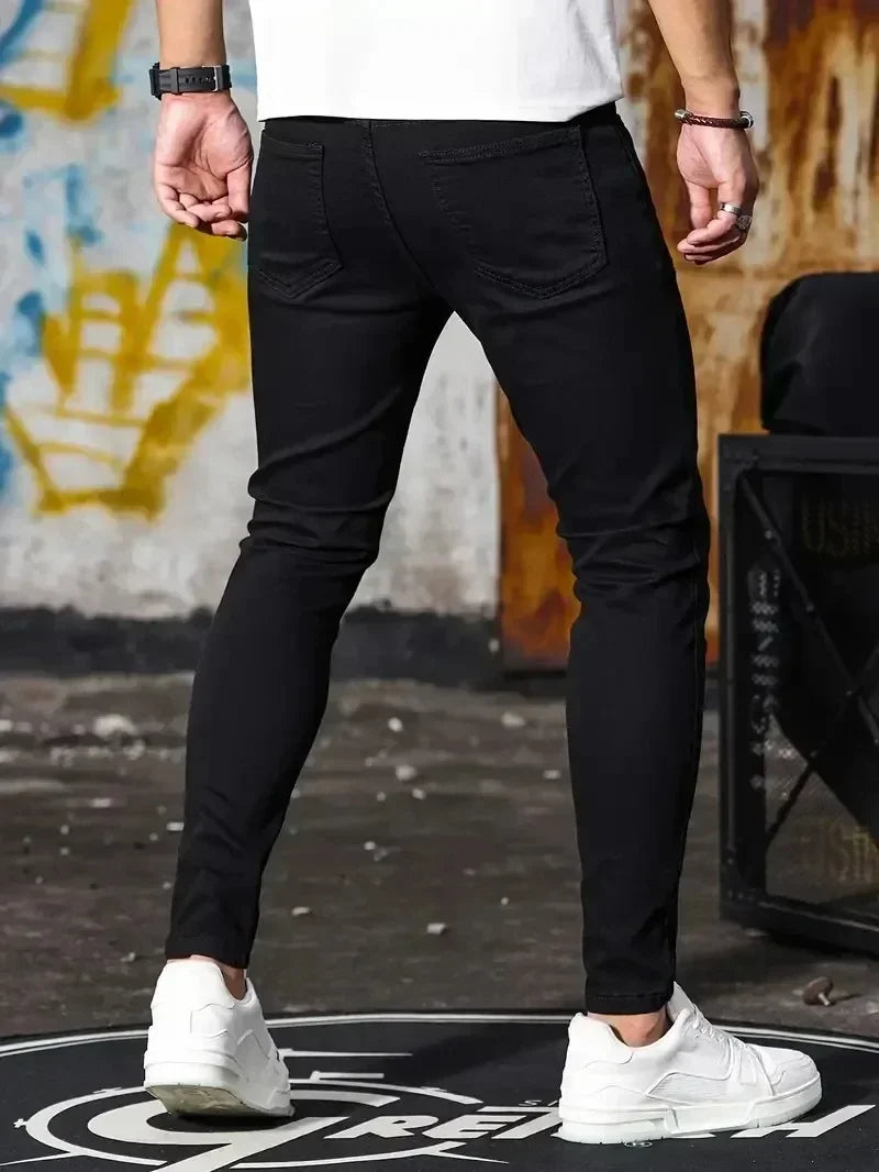 2025 primavera nuevos hombres Slim Fit clásico pantalones vaqueros ajustados Casual estilo callejero Casual hombres pantalones vaqueros ajustados hombre Slim Fit lápiz Denim azul