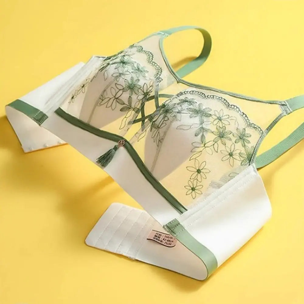 Sujetador de encaje con borlas y pechos recogidos para mujer, sujetador de malla fino a prueba de golpes, sin costuras, lencería transparente, ropa interior push-up