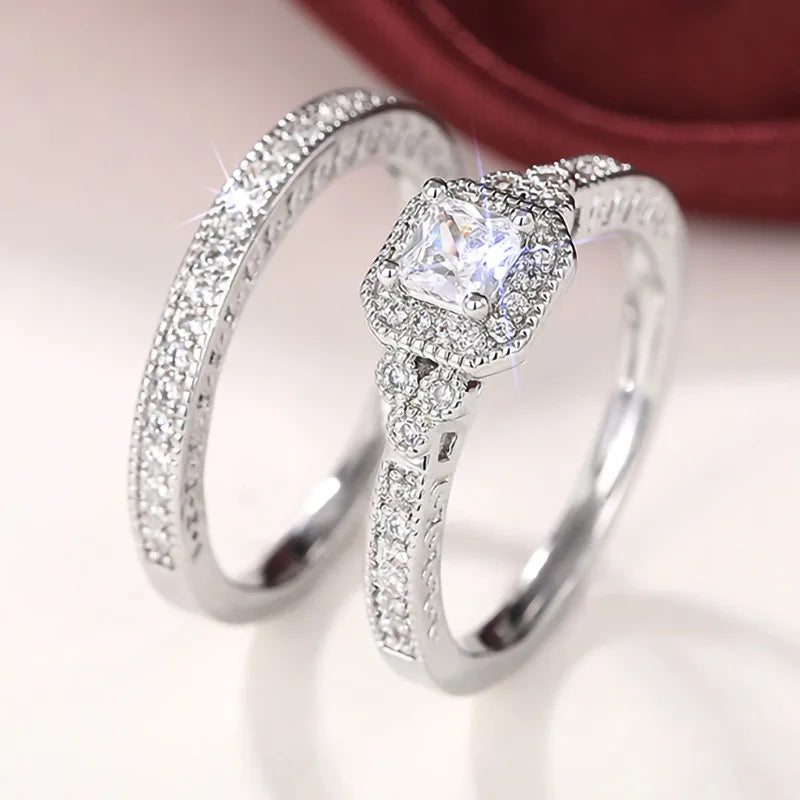 Conjunto de anillos de Plata de Ley 925 para mujer, 2 uds., accesorios de boda de circón cúbico de lujo, joyería femenina elegante con temperamento