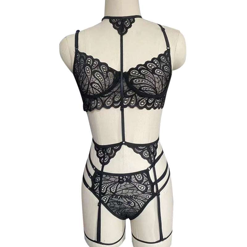 Conjuntos de lencerÃa Sexy para mujer, sujetador de encaje, bragas calientes, conjunto de ligas, ropa interior erótica, trajes transparentes, Bikini, tirantes Bdsm para mujer