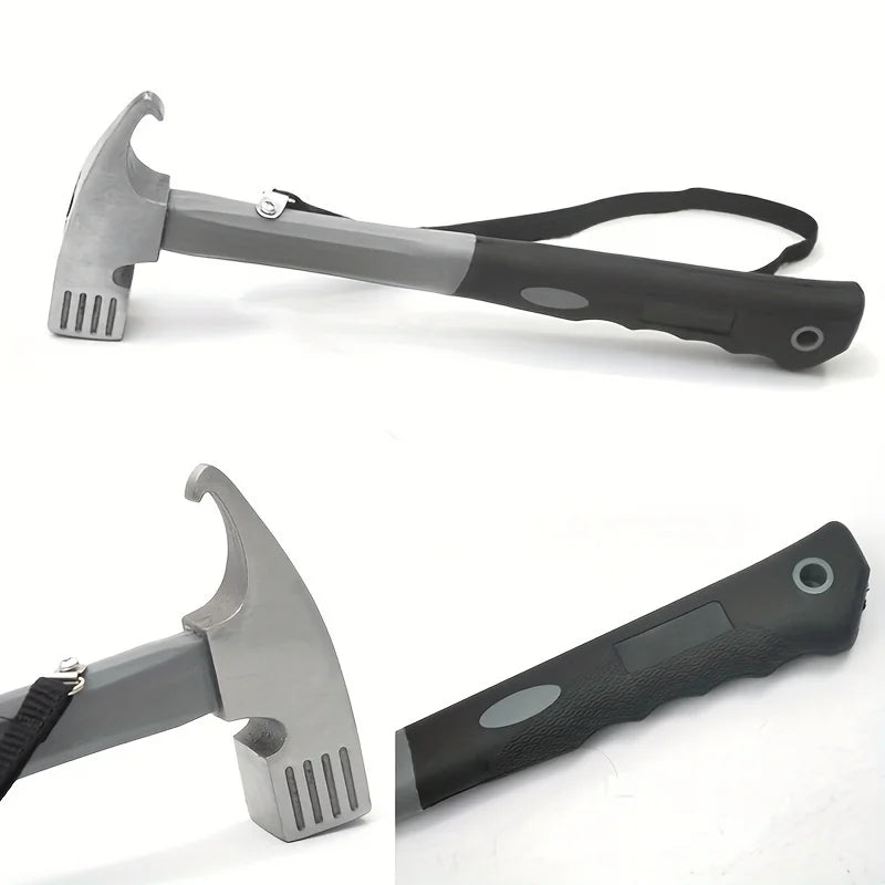 Martillo multiusos para acampar de alta resistencia con removedor de postes de tienda y cinturón de agarre de seguridad, herramientas esenciales para acampar y hacer senderismo al aire libre