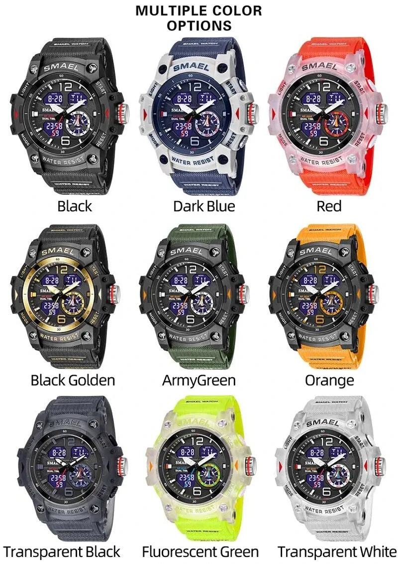SMAEL-reloj deportivo militar para hombre, cronómetro con alarma, luz trasera Digital LED, pantalla de hora Dual, resistente al agua, 8007
