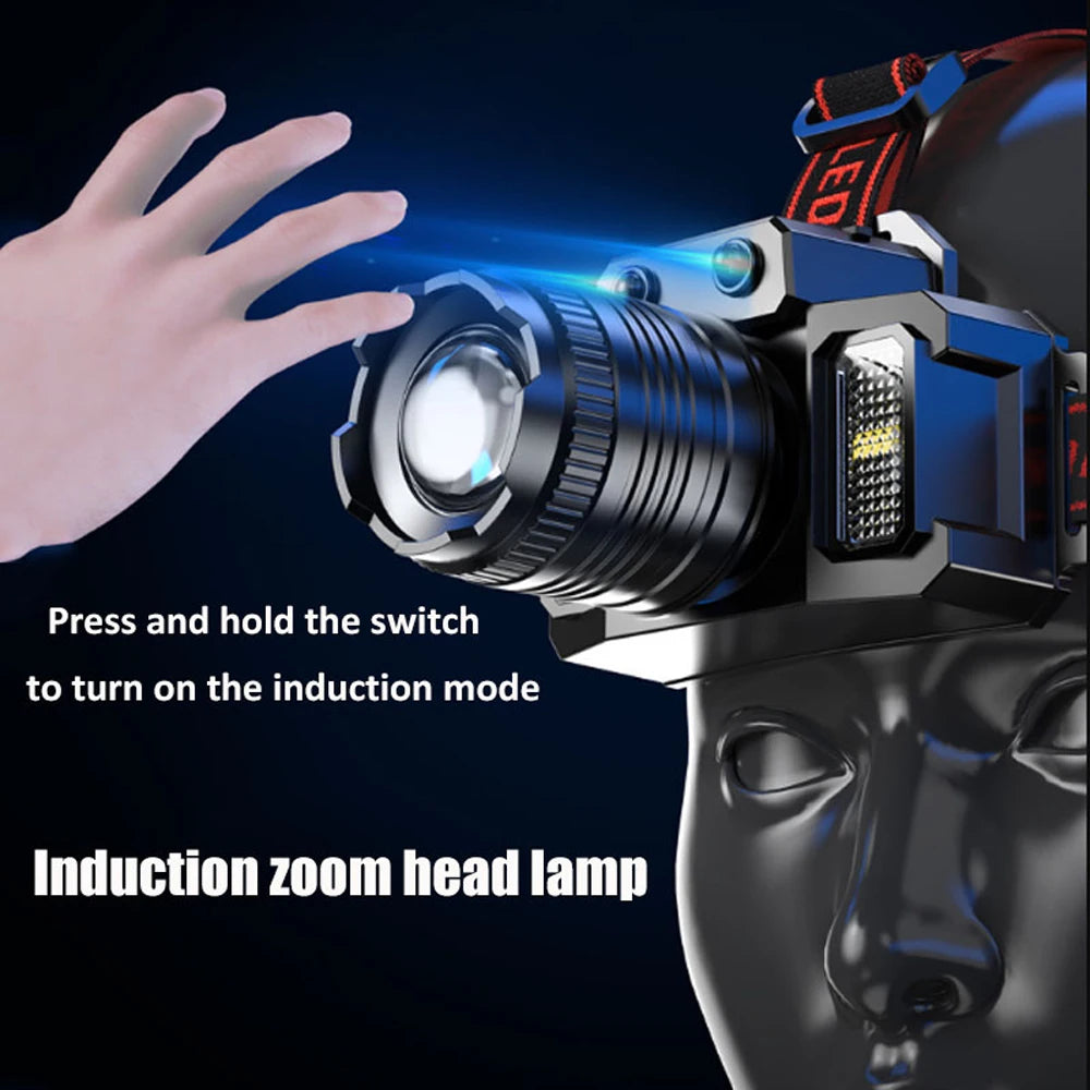 Nuevo Linterna frontal recargable por USB, linterna superbrillante, luz LED de inducción, resistente al agua, para acampar, móvil, intermitente