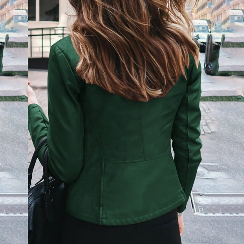 Chaqueta ajustada de piel sintética para mujer, chaqueta clásica de motociclista de PU, abrigo básico con cremallera para primavera y otoño