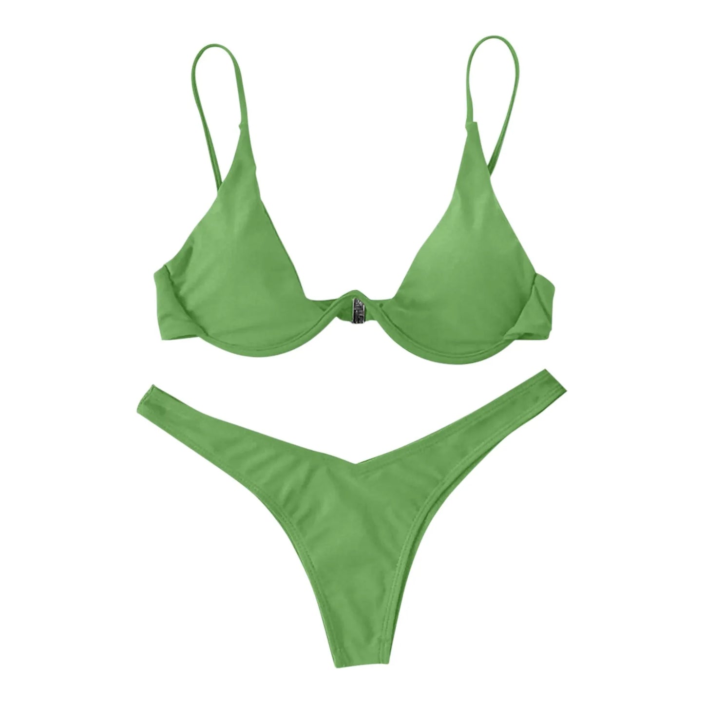 Bikini Sexy con aros para Mujer, traje de baño rojo liso con sujetador de realce, Tanga, traje de baño con cuello Halter y cuello de pico, Mini microtanga 2024