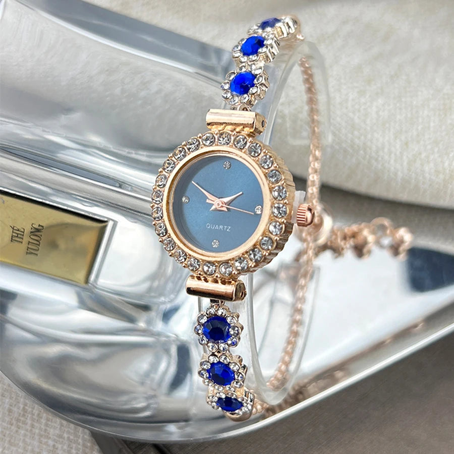 Conjunto de reloj de pulsera de Calcedonia de comercio exterior con luz de diamante, reloj de cuarzo de lujo en vivo, nuevo reloj de mujer con diamantes