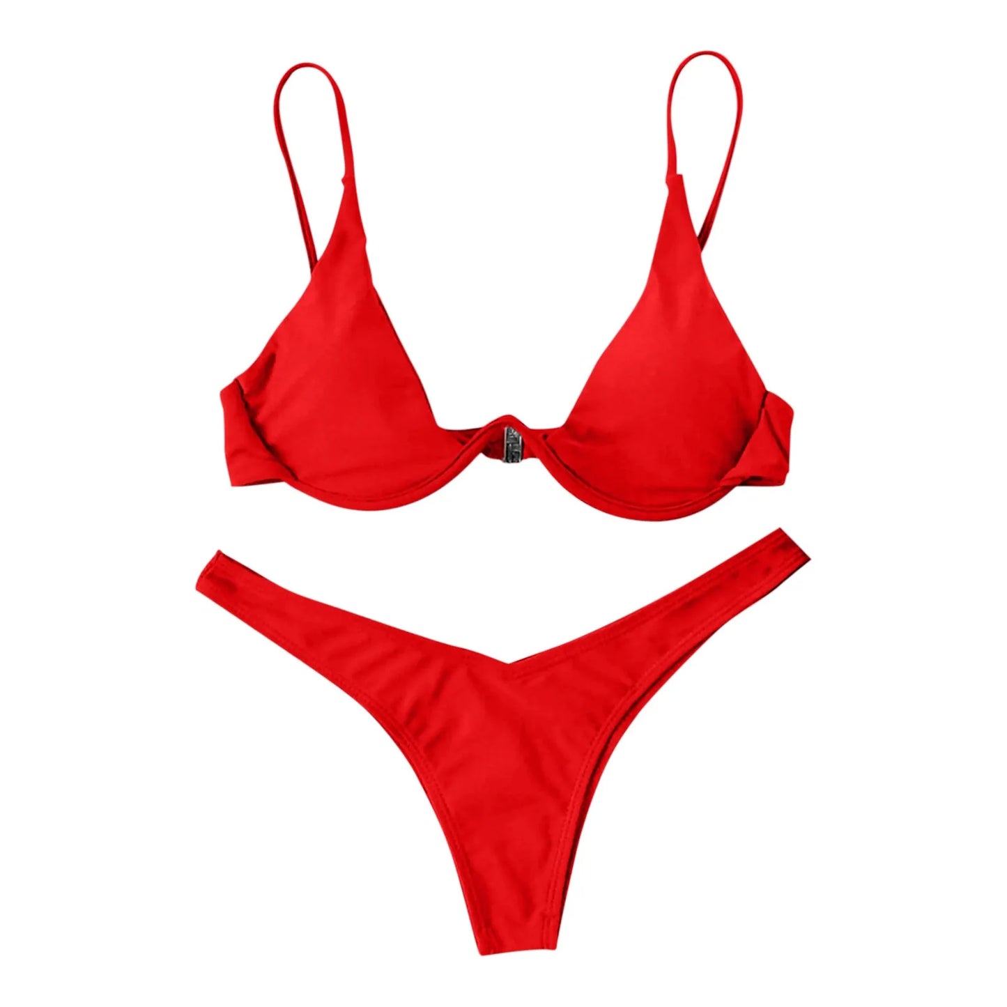 Bikini Sexy con aros para Mujer, traje de baño rojo liso con sujetador de realce, Tanga, traje de baño con cuello Halter y cuello de pico, Mini microtanga 2024