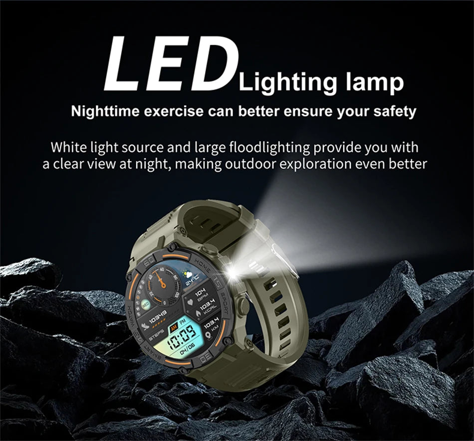Reloj inteligente militar para hombre, dispositivo con pantalla HD de 360x360, linterna, control de la salud, resistente al agua, control del ritmo cardÃaco, llamadas BT, para Android e IOS