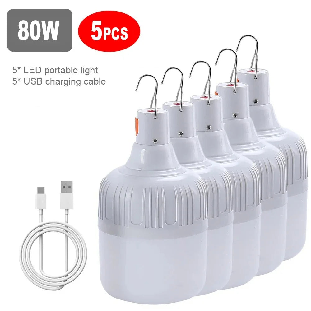 Luz de Camping de 60W y 80W, lámpara LED de emergencia recargable por USB, linternas portátiles para exteriores con gancho para tiendas de barbacoa, bombilla de batería