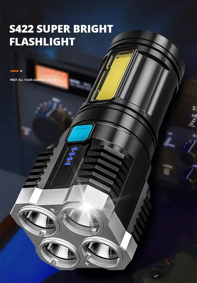 Linterna LED de luz fuerte para acampar, 4 lámparas y luces laterales COB, linterna de mano portátil recargable por USB para exteriores