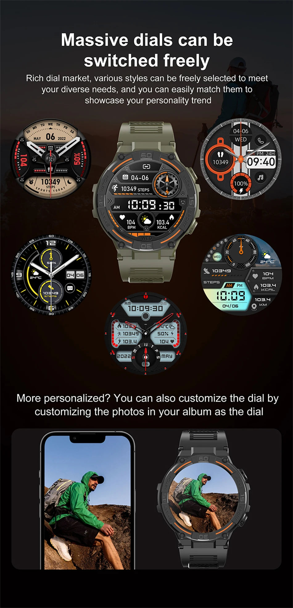 Reloj inteligente militar para hombre, dispositivo con pantalla HD de 360x360, linterna, control de la salud, resistente al agua, control del ritmo cardÃaco, llamadas BT, para Android e IOS