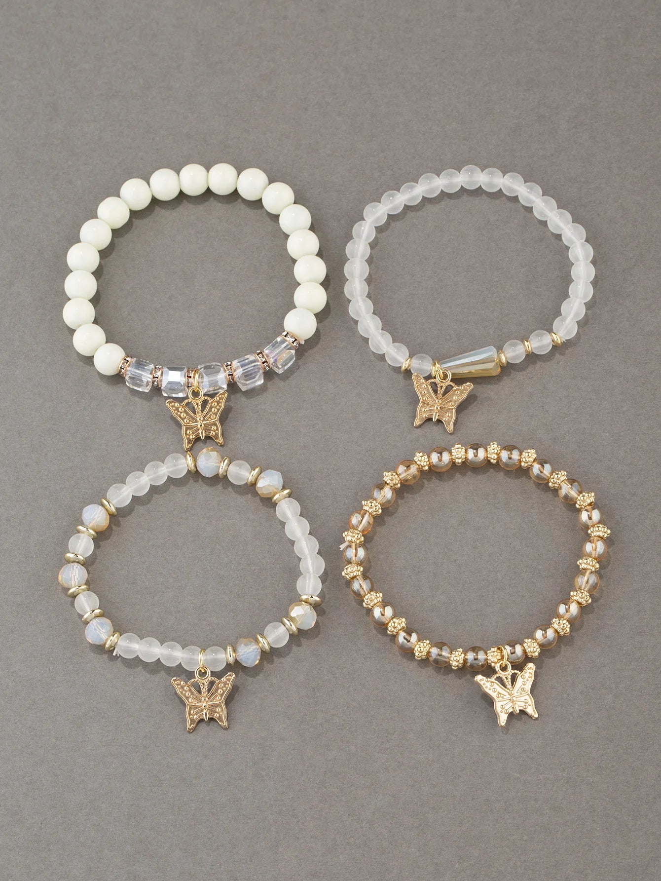 Conjunto de pulsera con cuentas de mariposa para mujer, brazalete de cadena elástica con cuentas acrÃlicas rosas, regalo de joyas de fiesta bohemia, 4 Uds.
