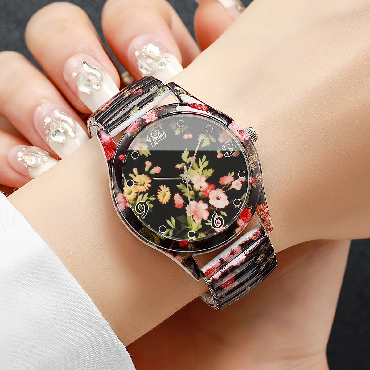 2/3 Uds. Conjunto de relojes de pulsera de cuarzo con estampado de flores a la moda para mujer, reloj con esfera árabe con correa elástica informal para mujer (sin caja)