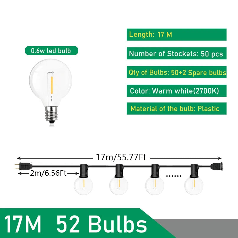 Guirnalda de luces LED para exteriores de 110V/220V, guirnalda de hadas para Patio, lámpara para boda, calle, Camping, jardÃÂn, decoración de fiesta