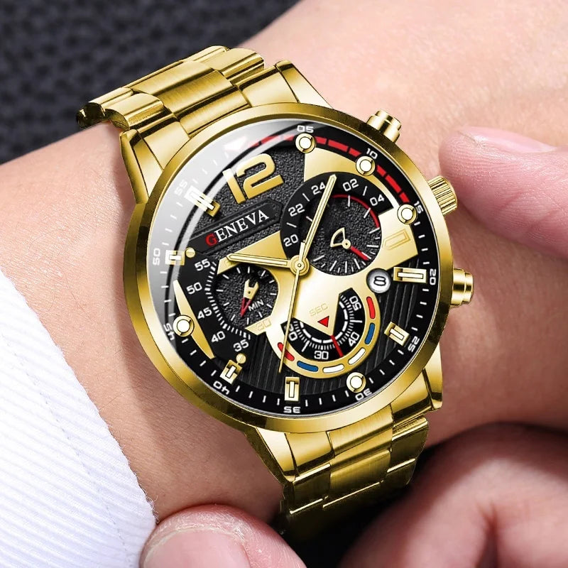 Conjunto de relojes de negocios para hombre, pulsera de acero dorado, analógico, de cuarzo, sin caja, 4 unidades