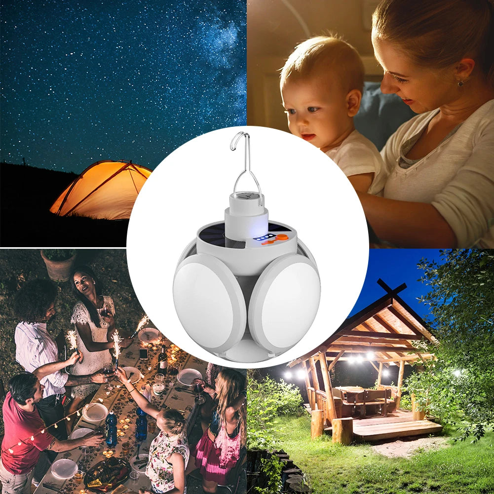 Bombilla LED Solar para acampar, linterna recargable, lámpara de noche, suministros de acampada, linterna portátil ajustable de 5 engranajes