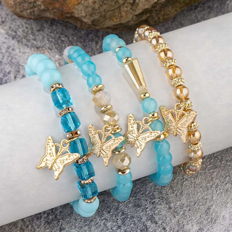 Conjunto de pulsera con cuentas de mariposa para mujer, brazalete de cadena elástica con cuentas acrÃlicas rosas, regalo de joyas de fiesta bohemia, 4 Uds.