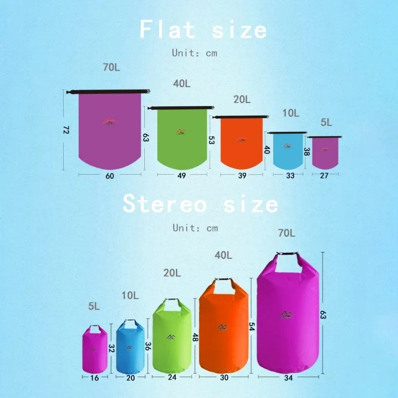Bolsa seca impermeable 5L10L20L40L70L para acampar, senderismo, natación, Rafting, Kayak, río, senderismo, pesca, bolsa de agua al aire libre