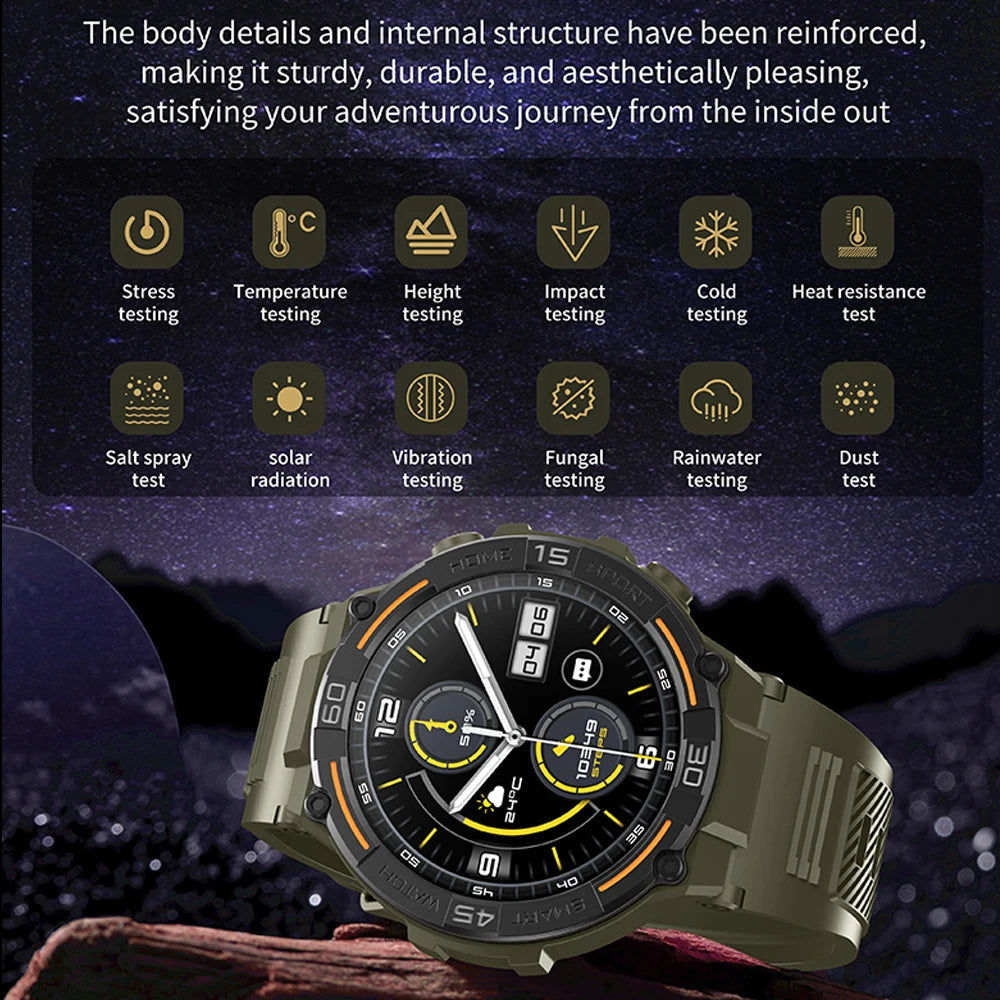 Reloj inteligente militar para hombre, dispositivo con pantalla HD de 360x360, linterna, control de la salud, resistente al agua, control del ritmo cardÃaco, llamadas BT, para Android e IOS