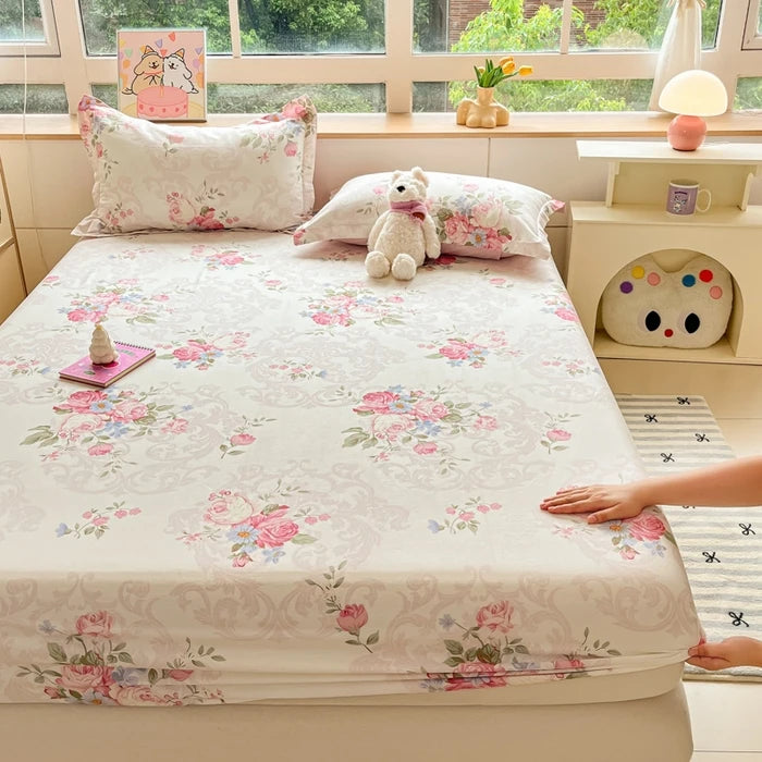 Juego de sábanas ajustadas de algodón 100% puro con funda de almohada, funda de cama con estampado de flores, sábanas individuales/Queen/King Size