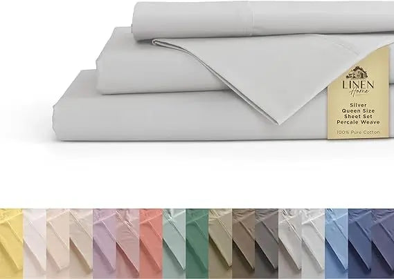 Sábanas de percal 100% algodón tamaño Queen, crema, bolsillo profundo, juego de 4 piezas: 1 sábana bajera plana, 1 bolsillo profundo y 2 fundas de almohada,
