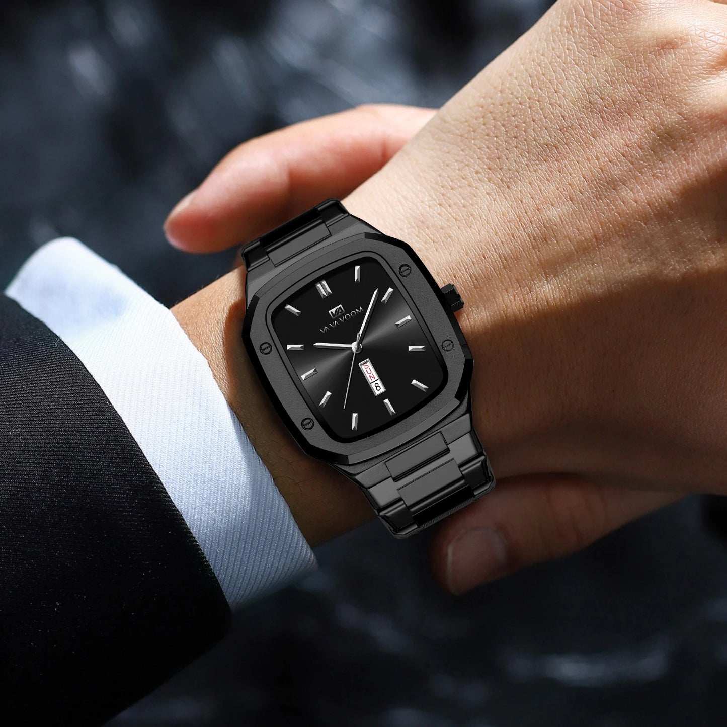 2024 nuevo reloj para hombre, correa cuadrada de acero inoxidable a la moda, oro azul, 3Bar, calendario semanal de cuarzo, reloj de pulsera deportivo de negocios simulado
